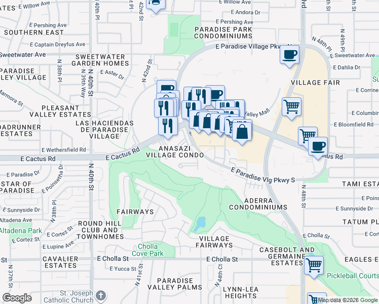 map of restaurants, bars, coffee shops, grocery stores, and more near 12212 North Paradise Village Parkway West in Phoenix