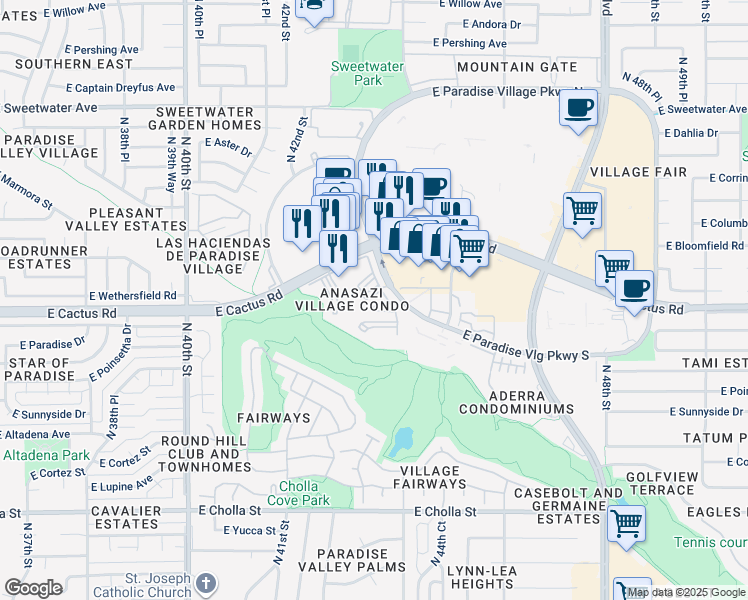 map of restaurants, bars, coffee shops, grocery stores, and more near 12212 North Paradise Village Parkway West in Phoenix