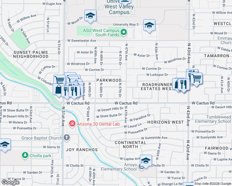 map of restaurants, bars, coffee shops, grocery stores, and more near 12200 North 47th Drive in Glendale