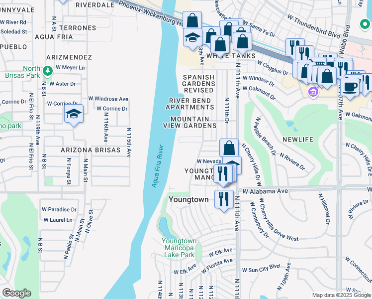 map of restaurants, bars, coffee shops, grocery stores, and more near 12322 North 113th Avenue in Youngtown