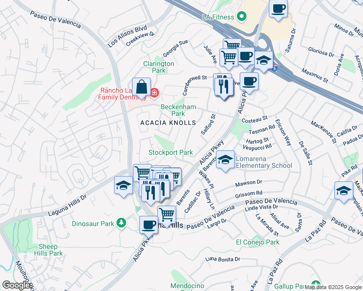 map of restaurants, bars, coffee shops, grocery stores, and more near 25132 Wilkes Place in Laguna Hills