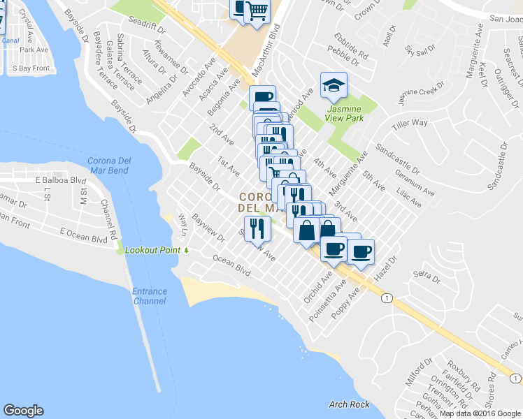 map of restaurants, bars, coffee shops, grocery stores, and more near 325 Jasmine Avenue in Newport Beach