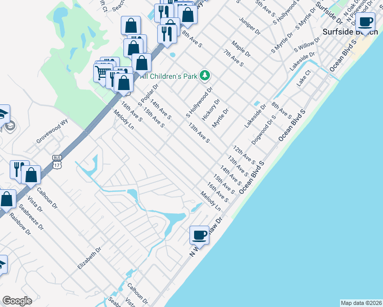 map of restaurants, bars, coffee shops, grocery stores, and more near 326 16th Avenue South in Surfside Beach
