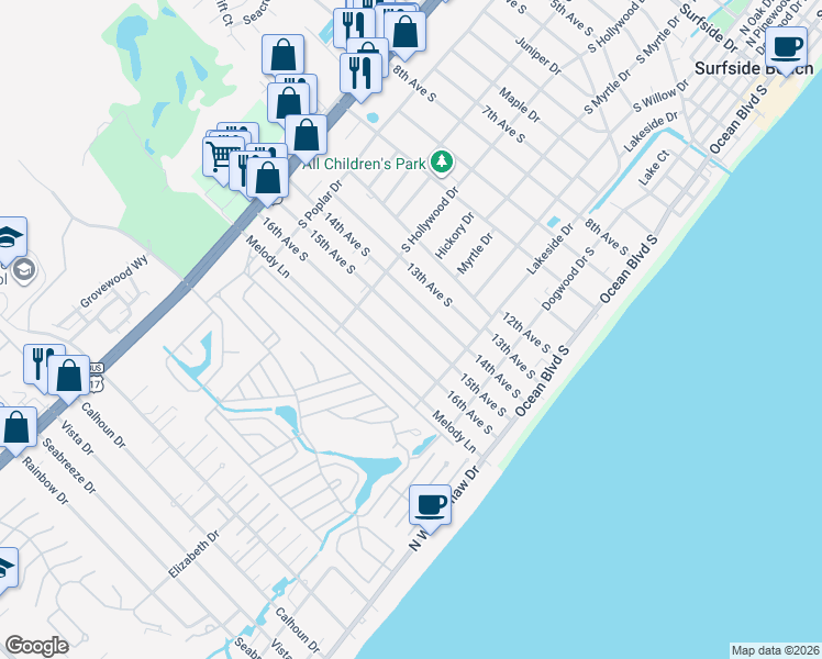 map of restaurants, bars, coffee shops, grocery stores, and more near 326 16th Avenue South in Surfside Beach