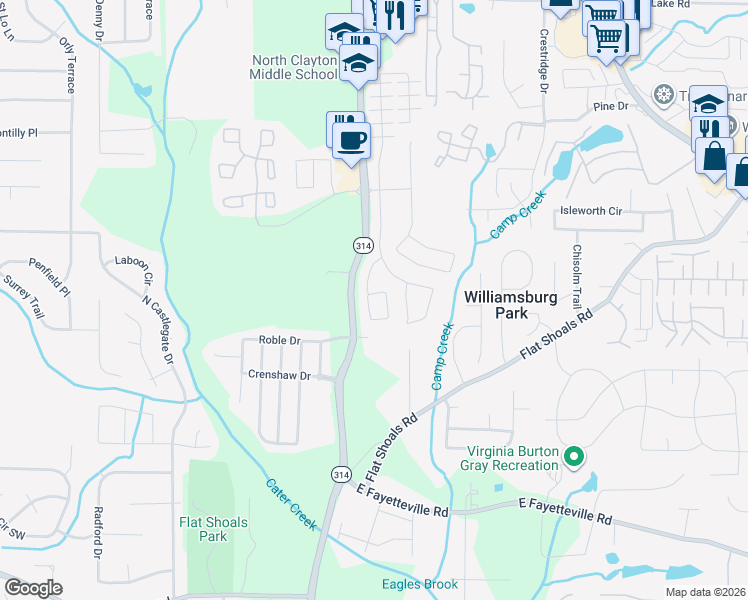 map of restaurants, bars, coffee shops, grocery stores, and more near 5792 Little River Road in Atlanta