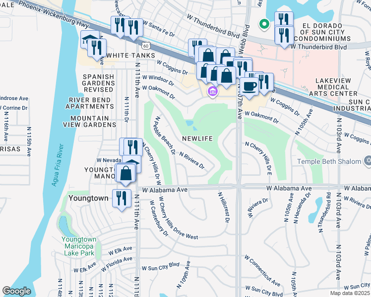 map of restaurants, bars, coffee shops, grocery stores, and more near 12420 North Riviera Drive in Sun City
