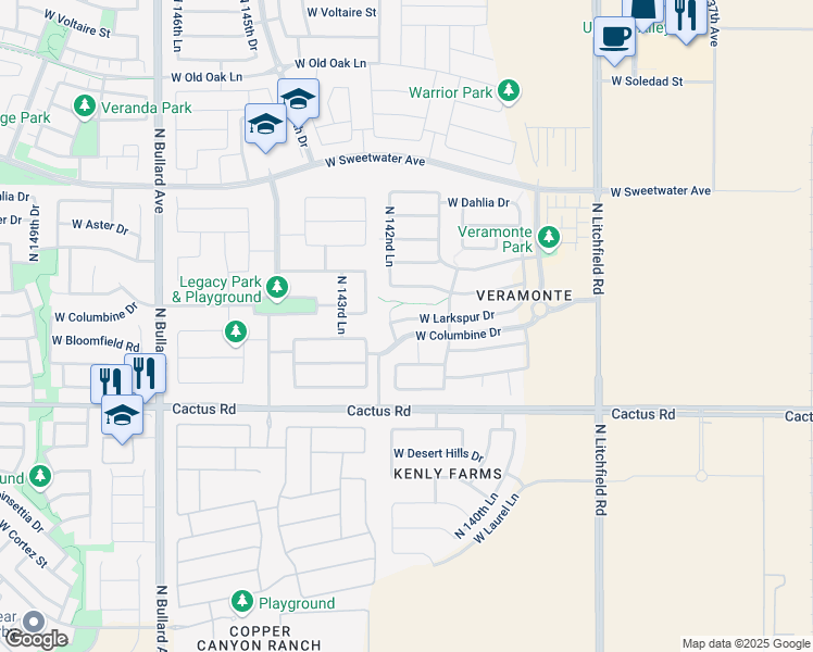 map of restaurants, bars, coffee shops, grocery stores, and more near 12432 North 142nd Court in Surprise