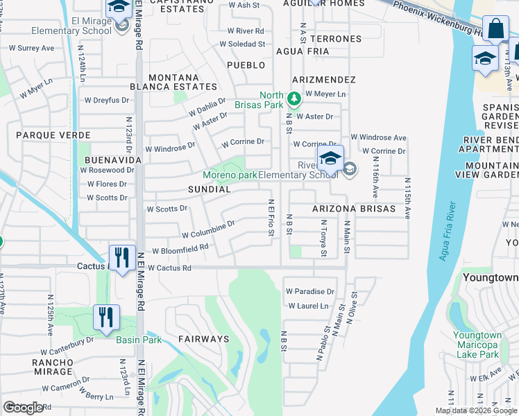 map of restaurants, bars, coffee shops, grocery stores, and more near 11919 West Columbine Drive in El Mirage