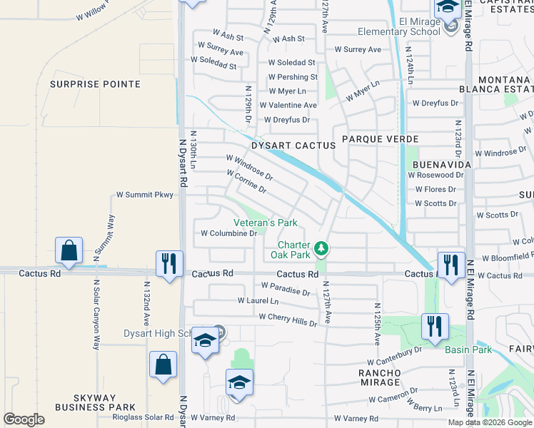 map of restaurants, bars, coffee shops, grocery stores, and more near 12413 North 128th Drive in El Mirage
