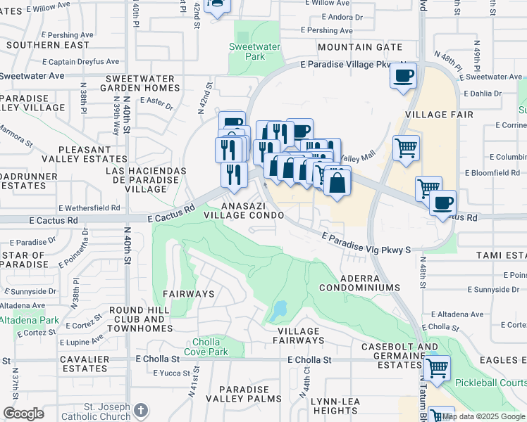 map of restaurants, bars, coffee shops, grocery stores, and more near 12212 North Paradise Village Parkway West in Phoenix