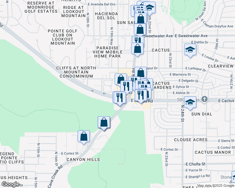 map of restaurants, bars, coffee shops, grocery stores, and more near 1940 East Thunderbird Road in Phoenix
