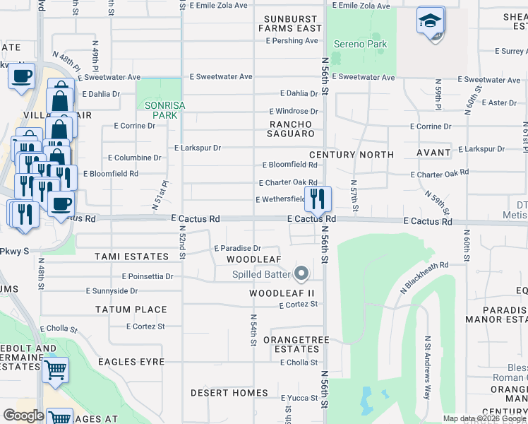 map of restaurants, bars, coffee shops, grocery stores, and more near 5402 East Shaw Butte Drive in Scottsdale