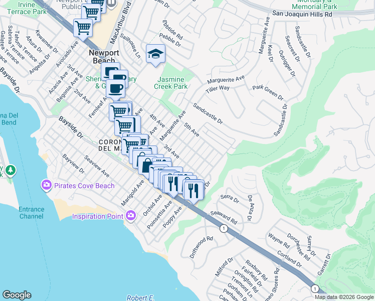map of restaurants, bars, coffee shops, grocery stores, and more near in Newport Beach