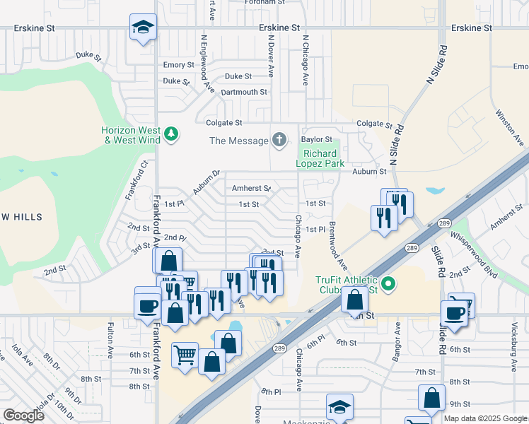 map of restaurants, bars, coffee shops, grocery stores, and more near 5511 1st Street in Lubbock