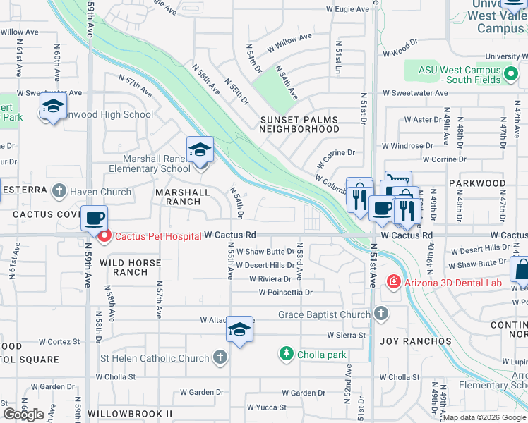 map of restaurants, bars, coffee shops, grocery stores, and more near 5377 West Wethersfield Drive in Glendale