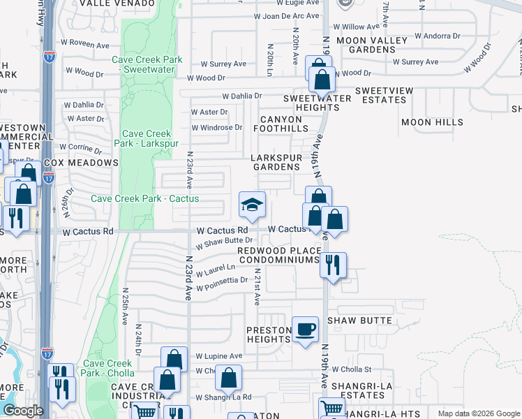 map of restaurants, bars, coffee shops, grocery stores, and more near 12217 North 21st Avenue in Phoenix
