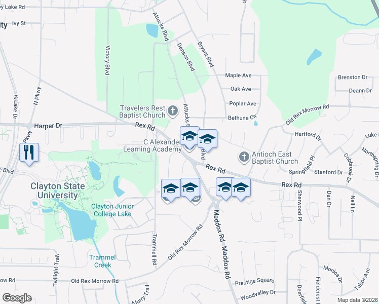 map of restaurants, bars, coffee shops, grocery stores, and more near 5754 Attucks Boulevard in Morrow