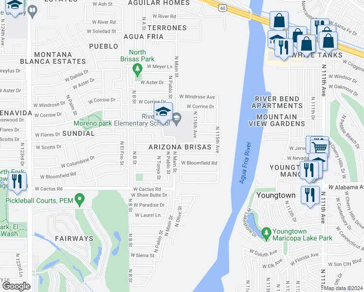 map of restaurants, bars, coffee shops, grocery stores, and more near 11629 West Larkspur Road in El Mirage