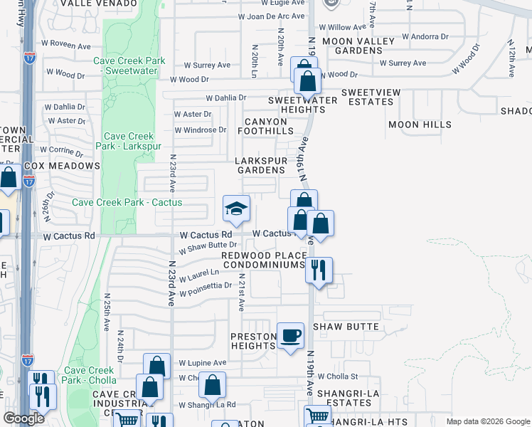 map of restaurants, bars, coffee shops, grocery stores, and more near 2032 West Cactus Road in Phoenix