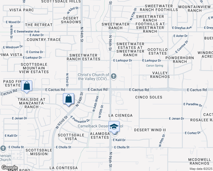 map of restaurants, bars, coffee shops, grocery stores, and more near 9598 East Cactus Road in Scottsdale