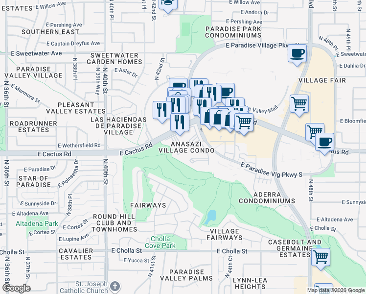 map of restaurants, bars, coffee shops, grocery stores, and more near 12212 North Paradise Village Parkway West in Phoenix