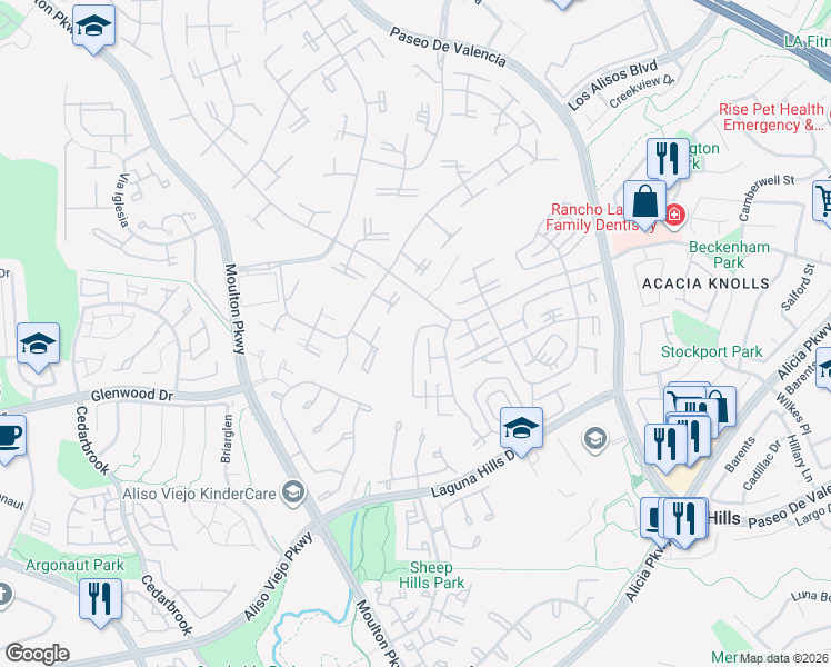 map of restaurants, bars, coffee shops, grocery stores, and more near 909 Ronda Sevilla in Laguna Woods