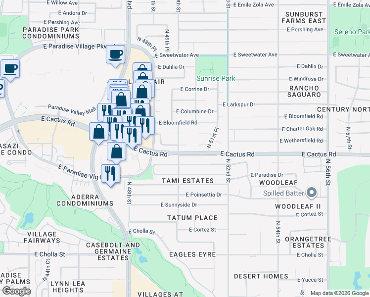 map of restaurants, bars, coffee shops, grocery stores, and more near 5001 East Cactus Road in Scottsdale