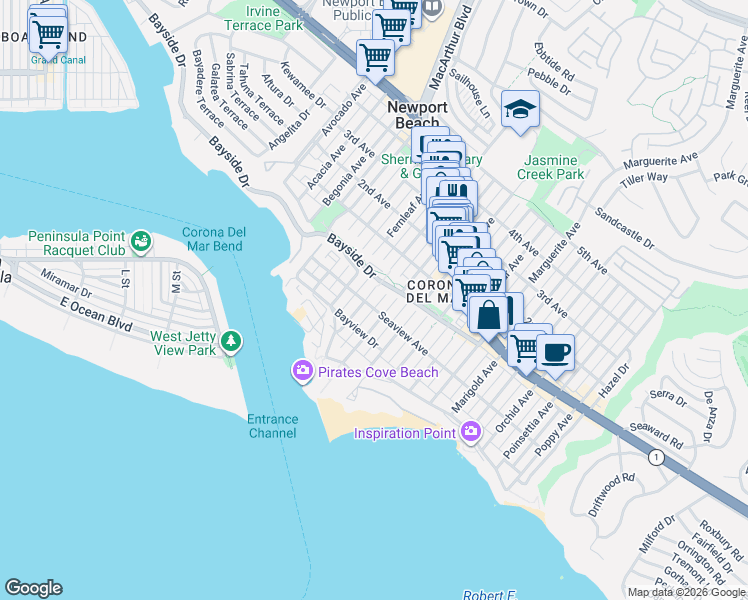 map of restaurants, bars, coffee shops, grocery stores, and more near in Newport Beach