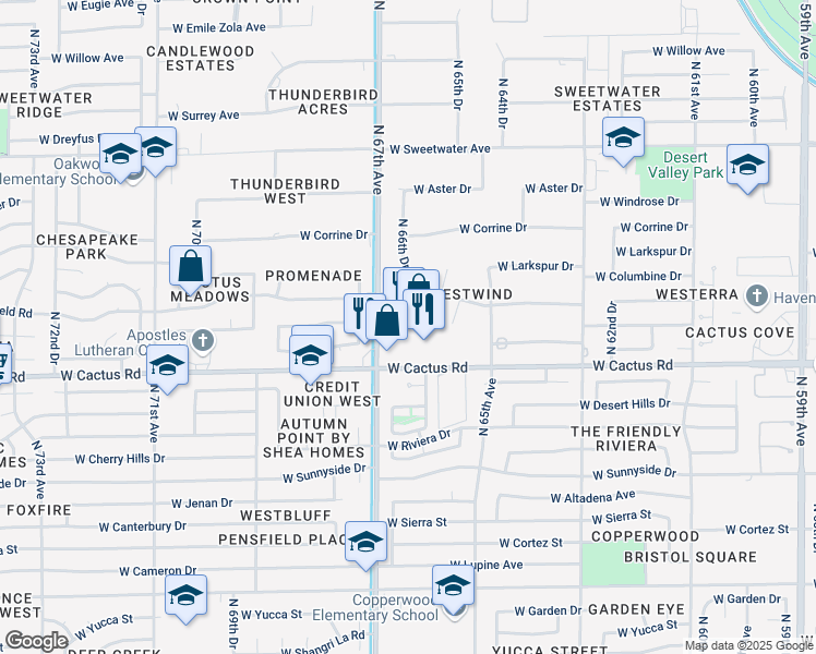 map of restaurants, bars, coffee shops, grocery stores, and more near 6670 West Cactus Road in Glendale