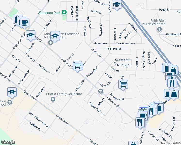 map of restaurants, bars, coffee shops, grocery stores, and more near 36105 Frederick Street in Wildomar