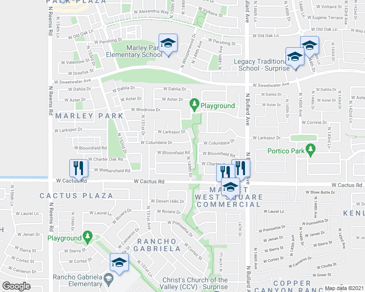 map of restaurants, bars, coffee shops, grocery stores, and more near 14957 West Columbine Drive in Surprise