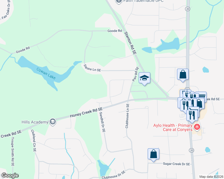 map of restaurants, bars, coffee shops, grocery stores, and more near 628 Crosscreek Trail Southeast in Conyers