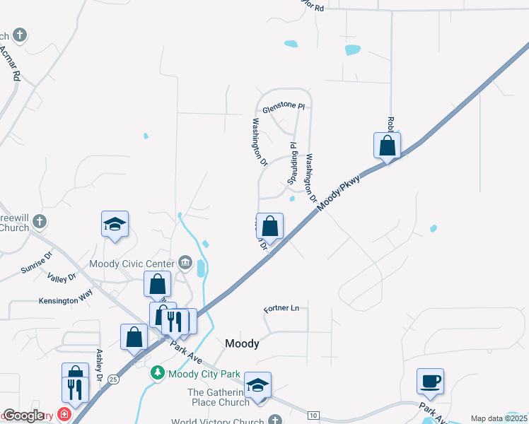 map of restaurants, bars, coffee shops, grocery stores, and more near 1045 Avalon Drive in Moody