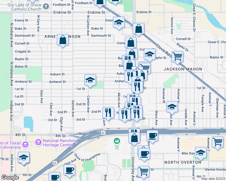 map of restaurants, bars, coffee shops, grocery stores, and more near 2609 1st Street in Lubbock
