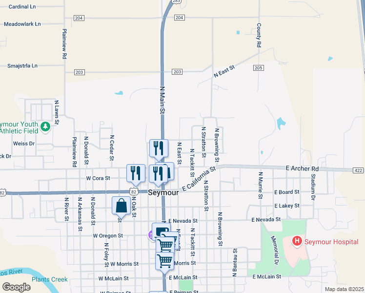 map of restaurants, bars, coffee shops, grocery stores, and more near 1105 North Tackitt Street in Seymour