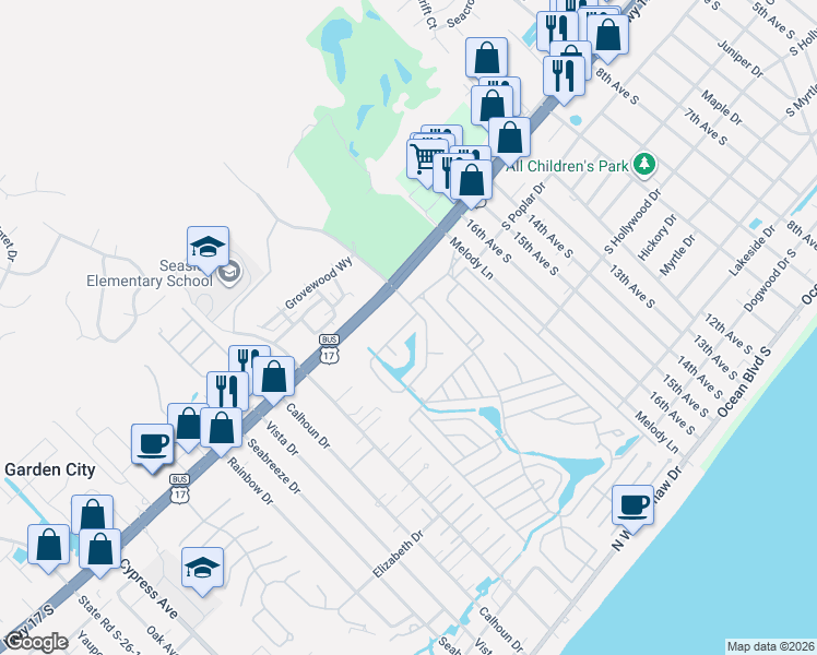 map of restaurants, bars, coffee shops, grocery stores, and more near 309 Shelly Bay Court in Murrells Inlet