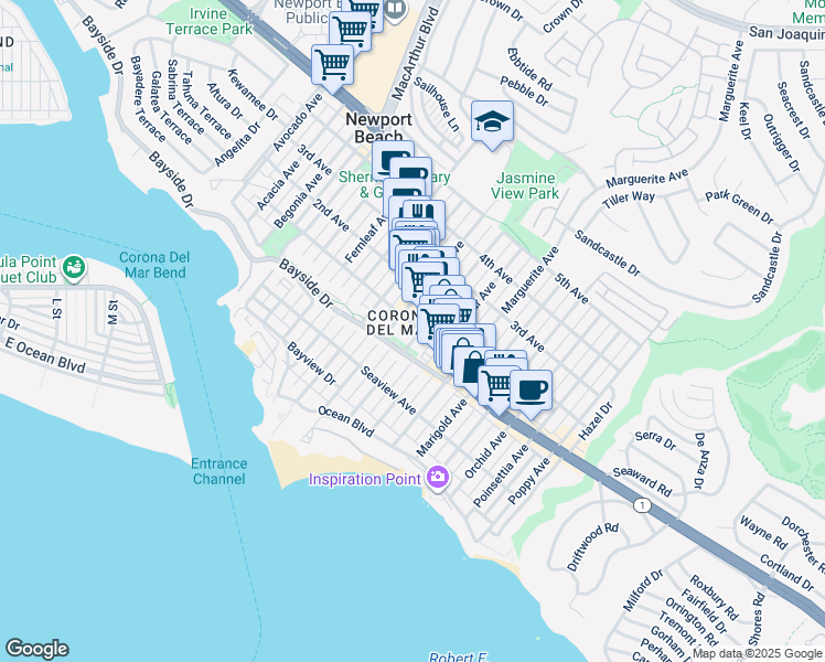 map of restaurants, bars, coffee shops, grocery stores, and more near 411 Jasmine Avenue in Newport Beach