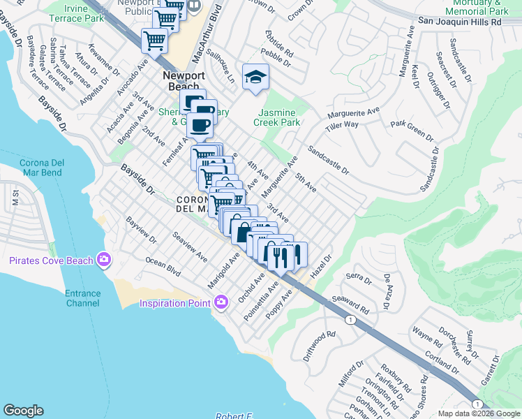 map of restaurants, bars, coffee shops, grocery stores, and more near 512 Marguerite Avenue in Newport Beach