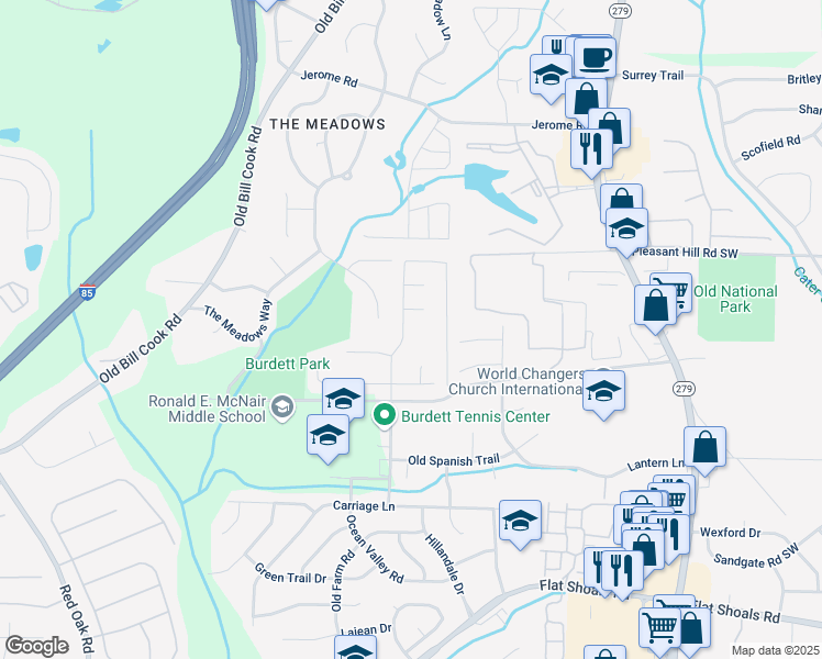 map of restaurants, bars, coffee shops, grocery stores, and more near 5760 Old Carriage Drive in Atlanta