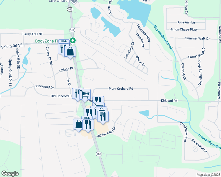 map of restaurants, bars, coffee shops, grocery stores, and more near 145 Plum Orchard Road in Covington