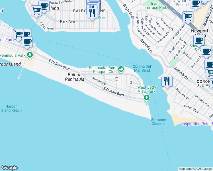 map of restaurants, bars, coffee shops, grocery stores, and more near 1713 Miramar Drive in Newport Beach