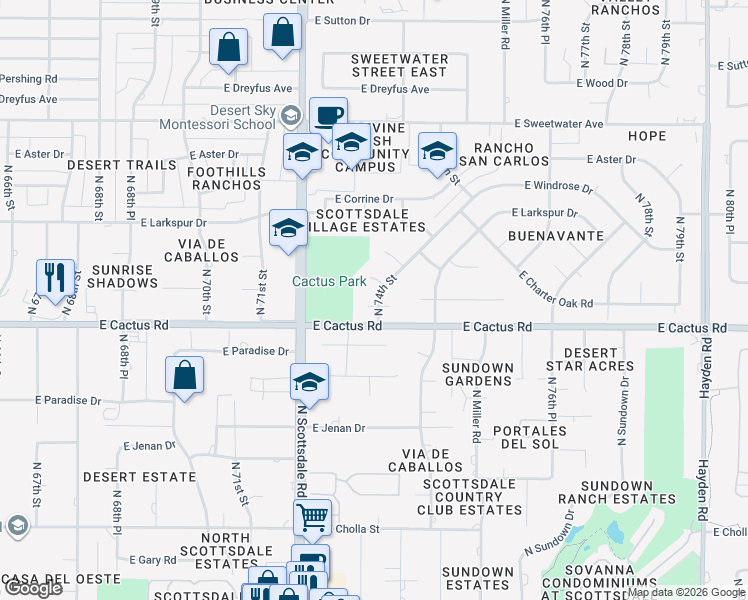 map of restaurants, bars, coffee shops, grocery stores, and more near 12201 North 74th Street in Scottsdale