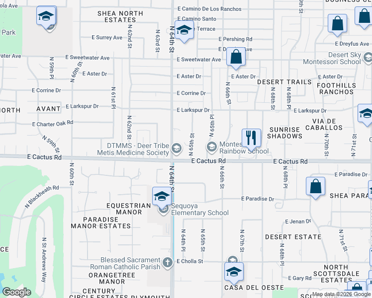 map of restaurants, bars, coffee shops, grocery stores, and more near 12202 North 65th Street in Scottsdale