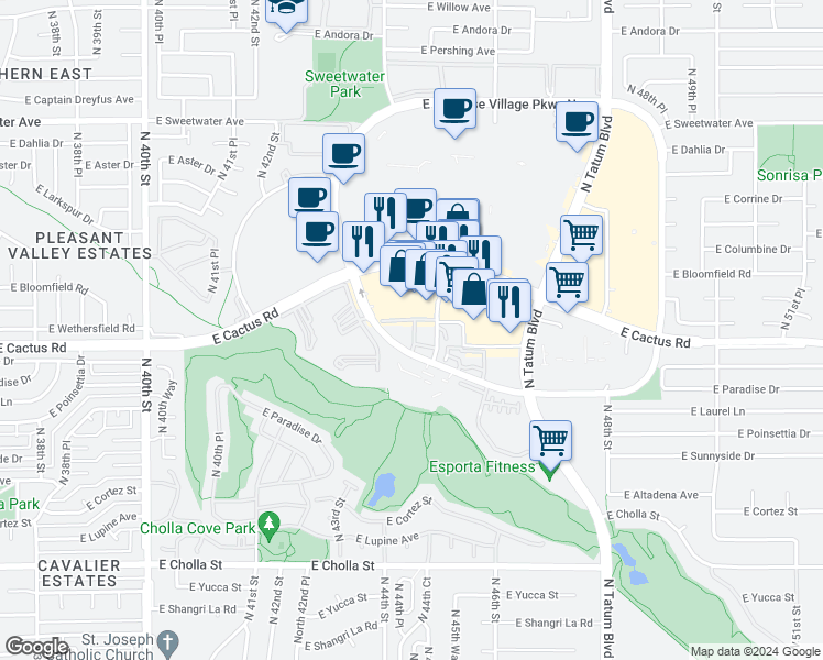map of restaurants, bars, coffee shops, grocery stores, and more near 12211 North Paradise Village Parkway South in Phoenix