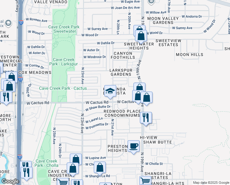 map of restaurants, bars, coffee shops, grocery stores, and more near 12217 North 21st Avenue in Phoenix