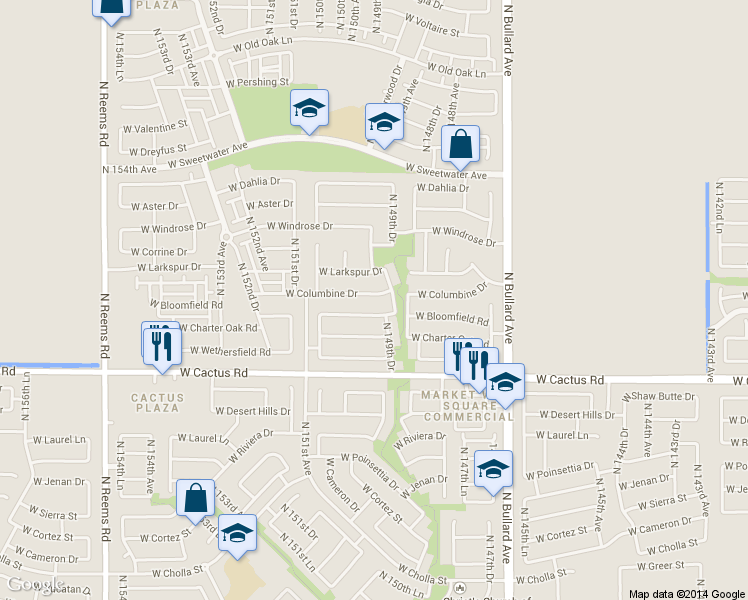 map of restaurants, bars, coffee shops, grocery stores, and more near 14957 West Columbine Drive in Surprise