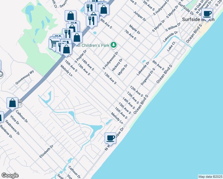 map of restaurants, bars, coffee shops, grocery stores, and more near 314 15th Avenue South in Surfside Beach