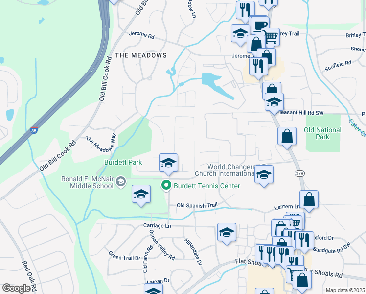 map of restaurants, bars, coffee shops, grocery stores, and more near 5760 Old Carriage Drive in Atlanta