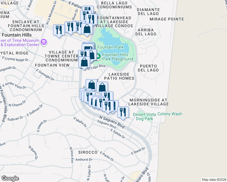 map of restaurants, bars, coffee shops, grocery stores, and more near 16031 East Colony Drive in Fountain Hills