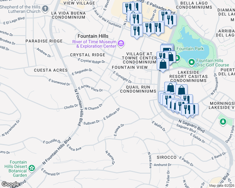 map of restaurants, bars, coffee shops, grocery stores, and more near 12225 North Chama Drive in Fountain Hills